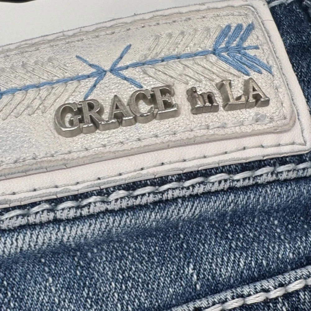 Grace in LA Girls Bootcut Jeans Size 12 Blue Embellished Rhinestone Distressed